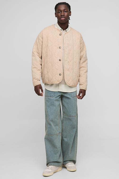 Oversized Washed Twill Quilted Collarless Bomber Jacket - Stone