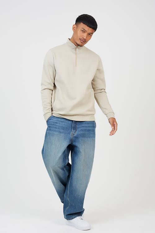 Quarter Zip Funnel Neck Sweatshirt - Lt Stone