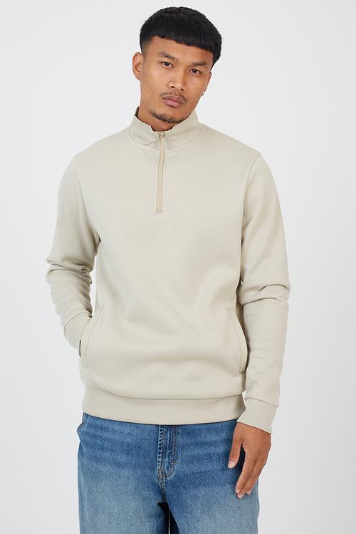 Quarter Zip Funnel Neck Sweatshirt - Lt Stone