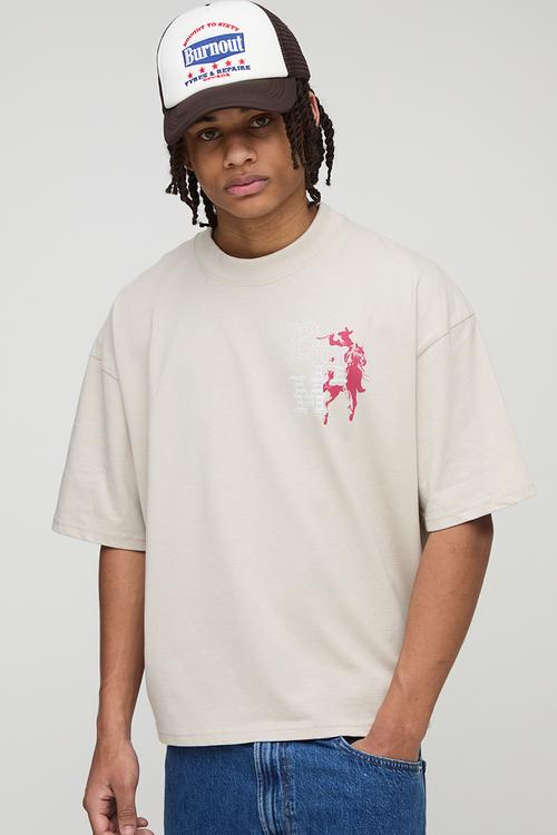 Oversized Boxy Rodeo Drive Western Graphic T-Shirt - Stone