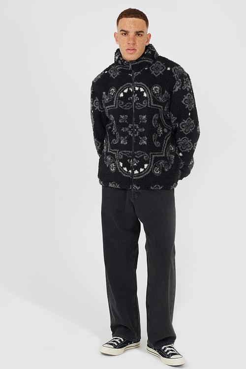 Full Zip Funnel Neck Borg Style - Jet Black/Multi
