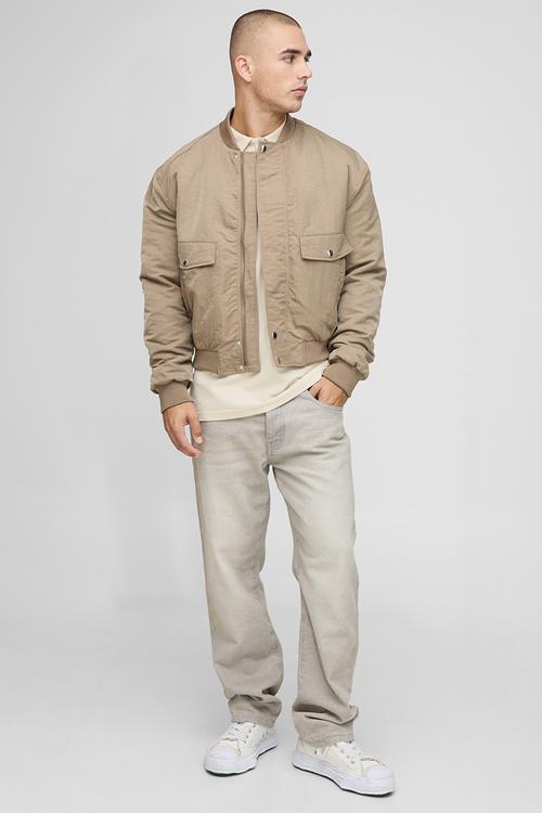 Regular Fit Peached Crinkle Nylon Bomber Jacket-Stone