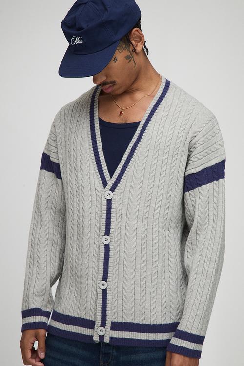 Oversized Drop Shoulder Boucle Cable Knitted Preppy Cardigan-Light Grey