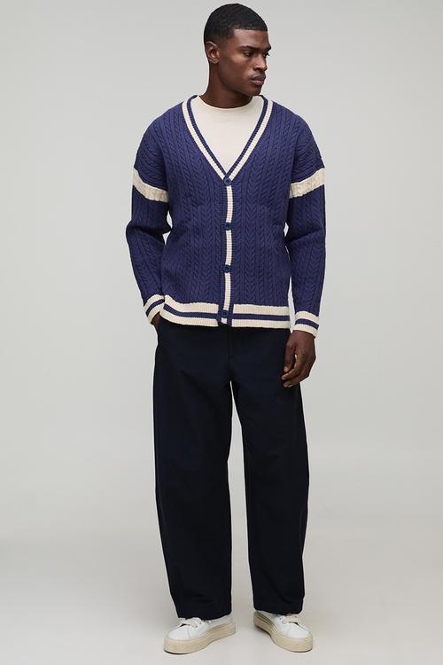 Oversized Drop Shoulder Boucle Cable Knitted Preppy Cardigan-Navy