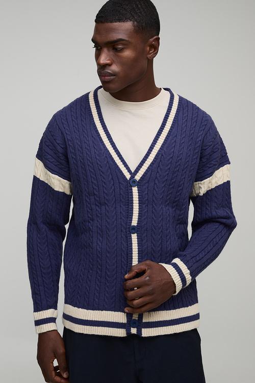 Oversized Drop Shoulder Boucle Cable Knitted Preppy Cardigan-Navy