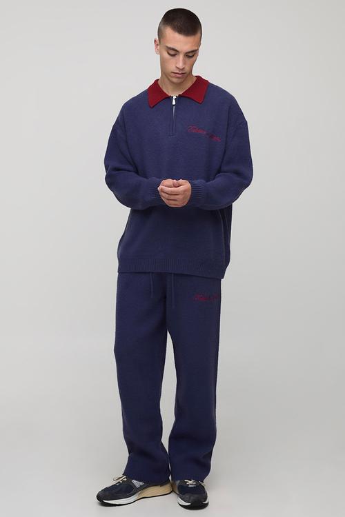 Oversized Varsity Embroidered Knitted Polo Jumper - Navy