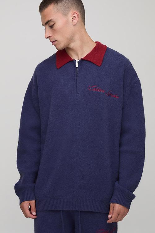 Oversized Varsity Embroidered Knitted Polo Jumper - Navy