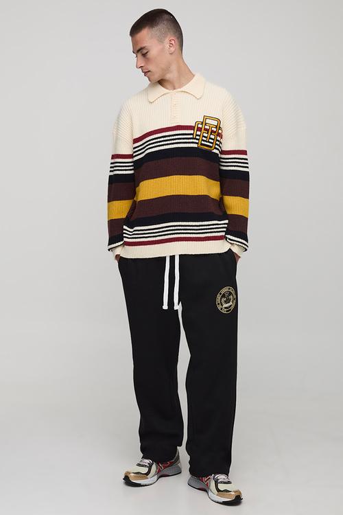 Oversized Embroidered Varsity Ribbed Knitted Polo Jumper - Ecru
