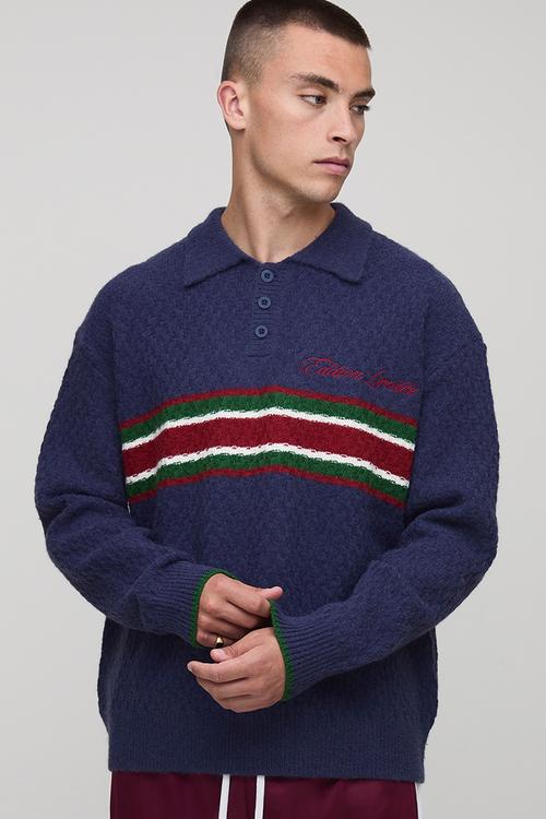 Oversized Embroidered Panel Textured Knitted Polo - Navy