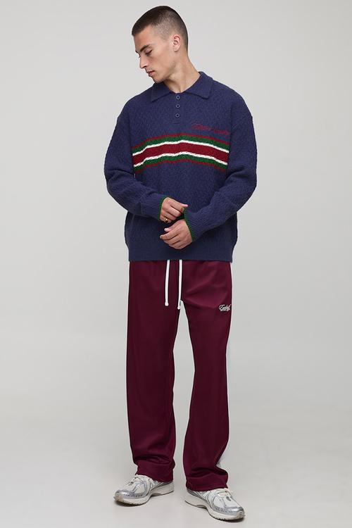 Oversized Embroidered Panel Textured Knitted Polo - Navy