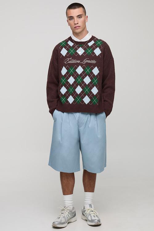 Boxy Embroidered Diamond Argyle Knitted Jumper - Chocolate