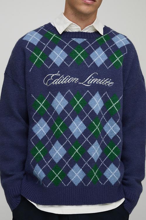 Boxy Embroidered Diamond Argyle Knitted Jumper - Navy