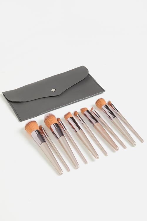 Make Up Brush 10 Piece Set with PU Envelope Bag - Champagne