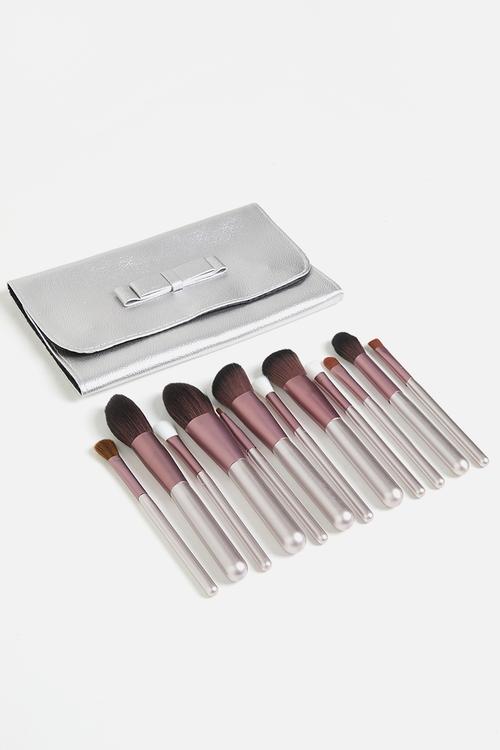 Make Up Brush 12 Piece Set in Silver PU Envelope Bag - Purple