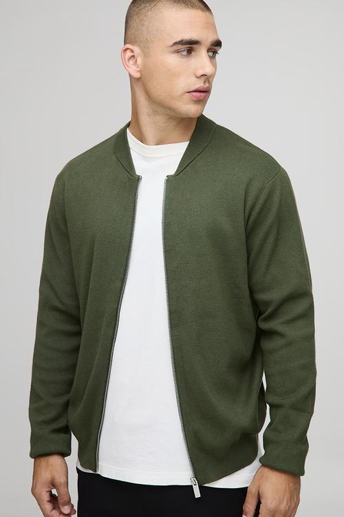 Regular Fit Smart Knitted Bomber Jacket - Olive