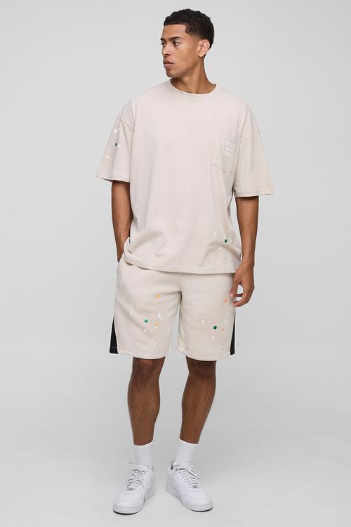 Oversized Atelier Washed Paint Splatter Pocket T-Shirt - Stone