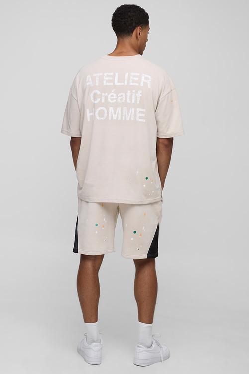 Oversized Atelier Washed Paint Splatter Pocket T-Shirt - Stone