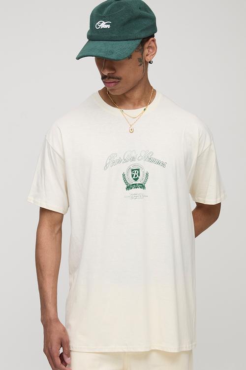 Ecru Oversized Pour Homme Crest Printed T-Shirt - Ecru