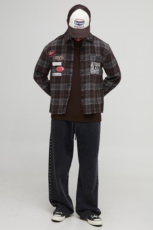 Relaxed Badge Detail Distressed Acid Wash Check Shirt - Black