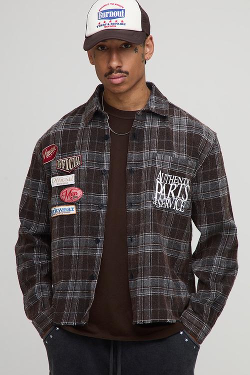 Relaxed Badge Detail Distressed Acid Wash Check Shirt - Black