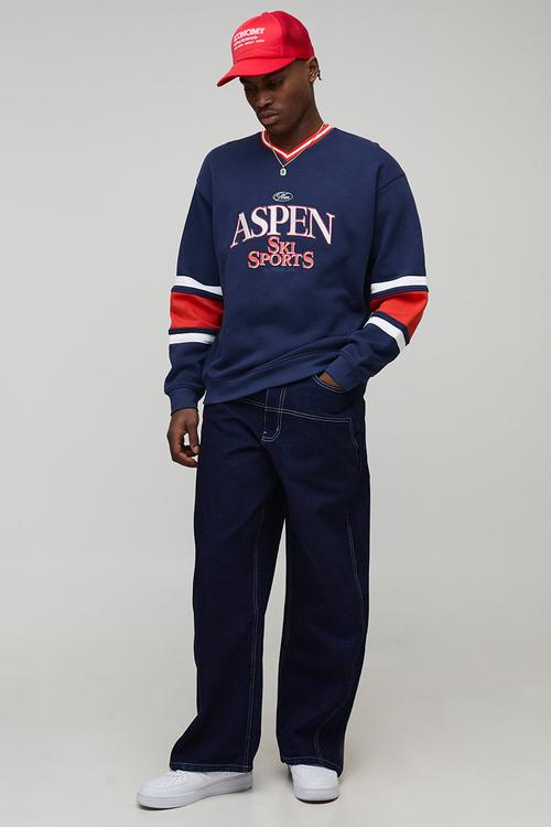 Oversized V Neck Aspen Sweatshirt - Navy
