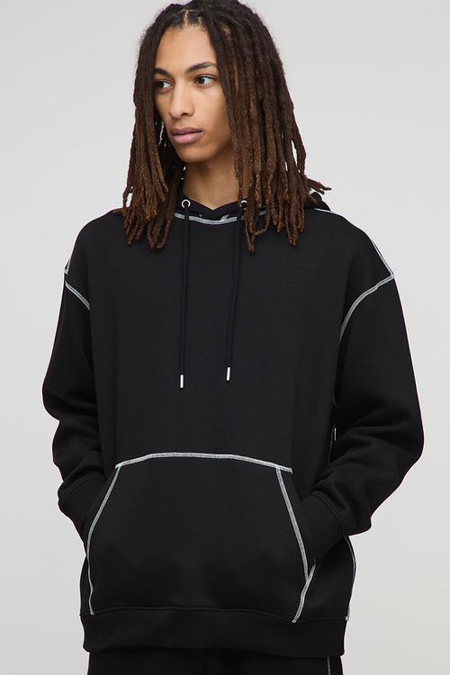 Oversized Contrast Stitch Hoodie - Black