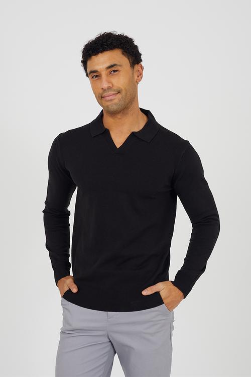 Long Sleeve Trophy Neck Polo - Jet Black