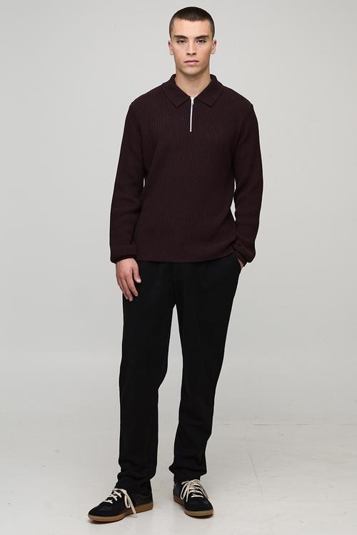 Regular Fit 1/4 Zip Rib Long Sleeve Knitted Polo - Chocolate