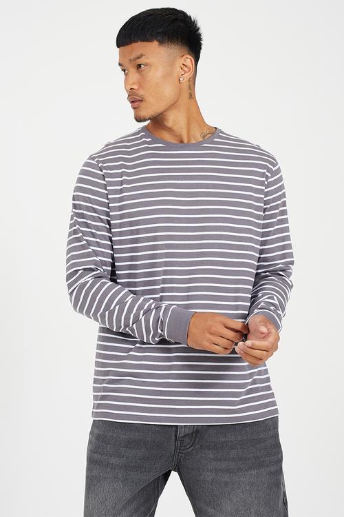 Crew Neck Long Sleeve  - Grey / White