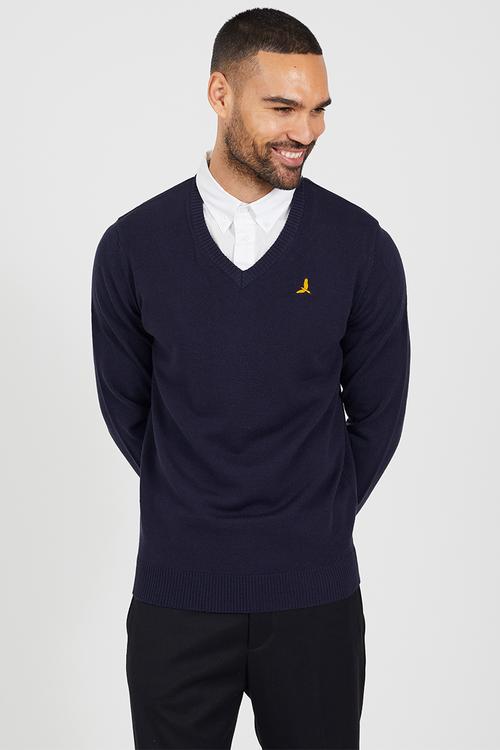 V-Neck Knitted Jumper - Midnight Navy/Optic White