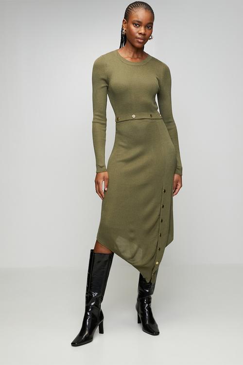 Midi Knitwear Snap Detail Long Dress - Khaki