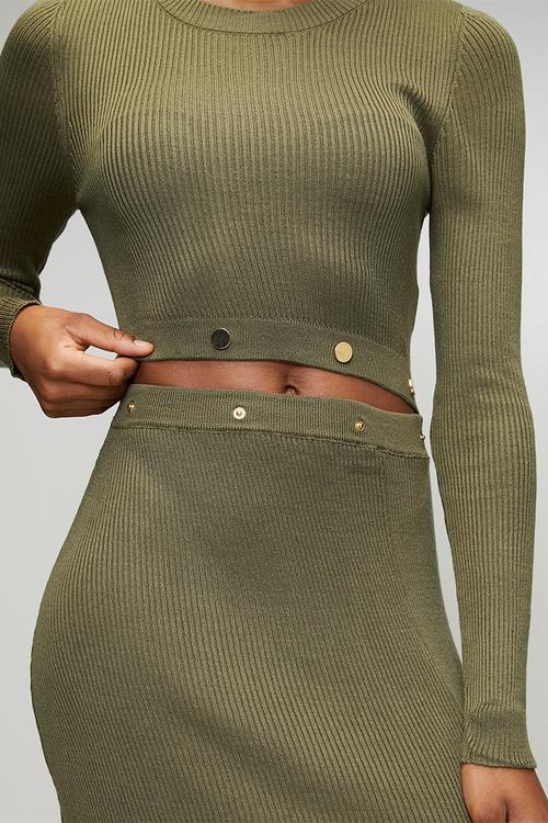 Midi Knitwear Snap Detail Long Dress - Khaki