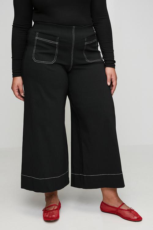 Plus Stretch Wide Leg Cropped Pants - Black Contrast