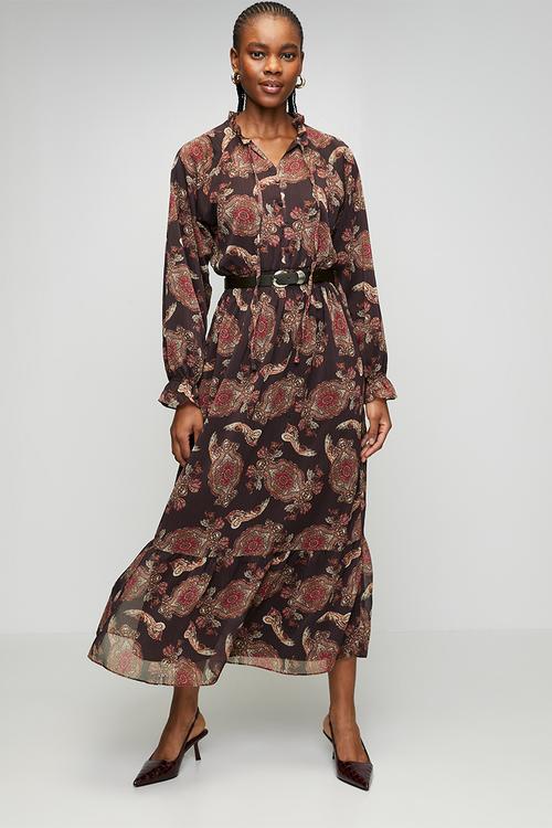 Lined Shawl Pattern Woven Chiffon Dress - Brown