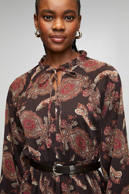 Lined Shawl Pattern Woven Chiffon Dress - Brown