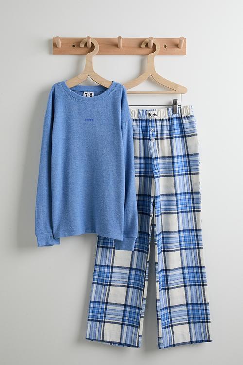 Cuddlecosy Long Sleeve And Sleepover Pyjama Pant - Dawn Blue Marle/Blue Bonnet Check
