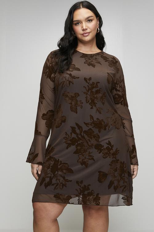 Plus Flock Printed Knitted Dress - Brown