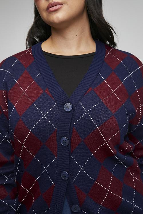 Diamond Patterned V-Neck Knitwear Cardigan - Navy Blue & Burgundy
