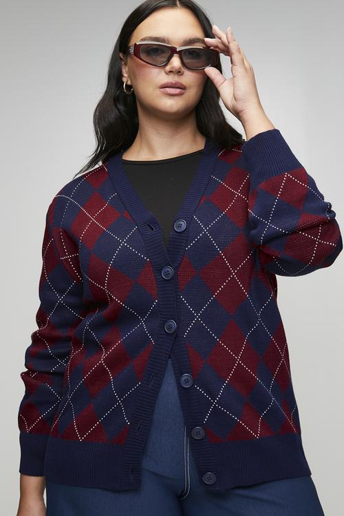 Diamond Patterned V-Neck Knitwear Cardigan - Navy Blue & Burgundy