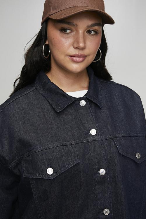 Oversize Loose Fit Cropped Denim Plus Size Jacket - Dark Blue
