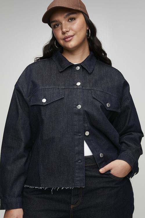 Oversize Loose Fit Cropped Denim Plus Size Jacket - Dark Blue
