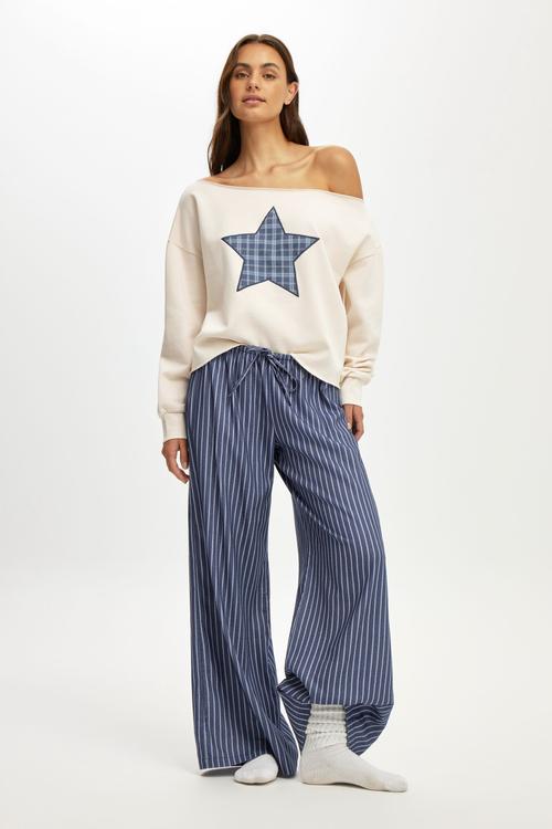 Cosy soft flannel wide leg pant - gerry stripe steely blue