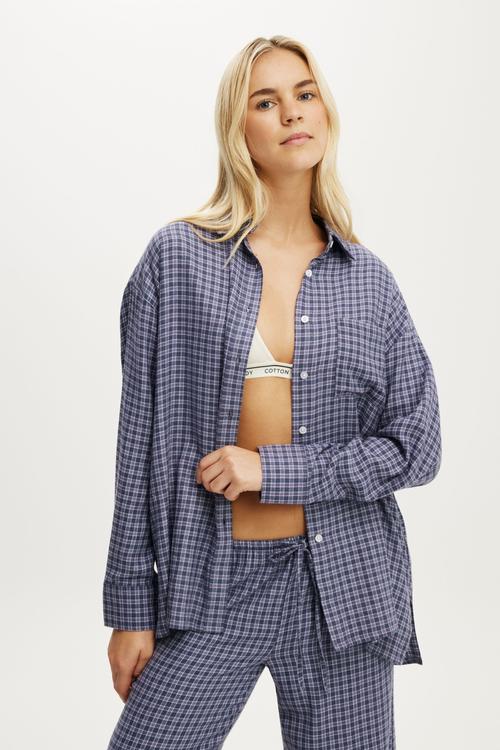 Cosy soft flannel oversized shirt - lucy check steely blue