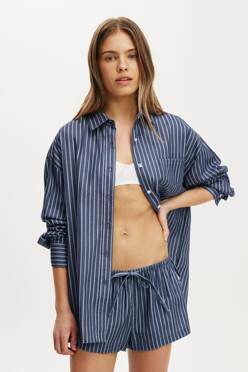 Cosy soft flannel oversized shirt - gerry stripe steely blue