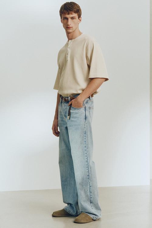 H&M Atelier: Loose fit linen-blend henley top - light beige