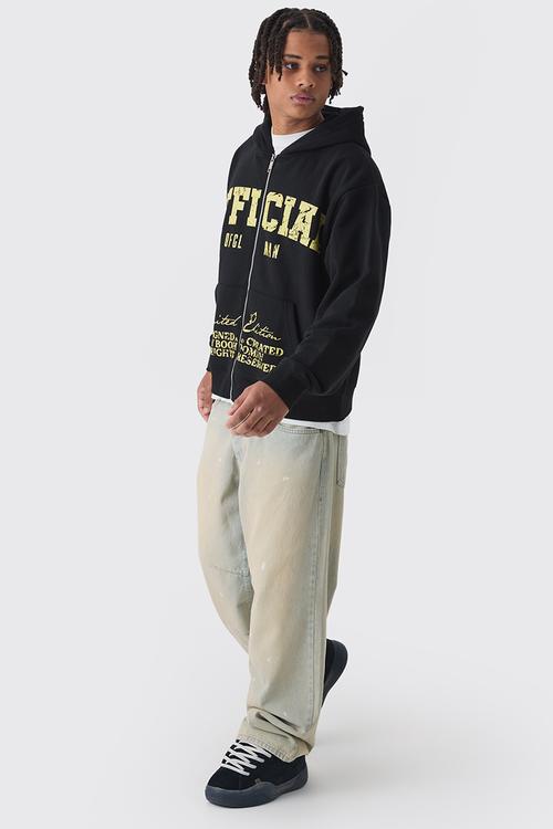 Oversized Boxy Offcl Print Zip Through Hoodie - Black