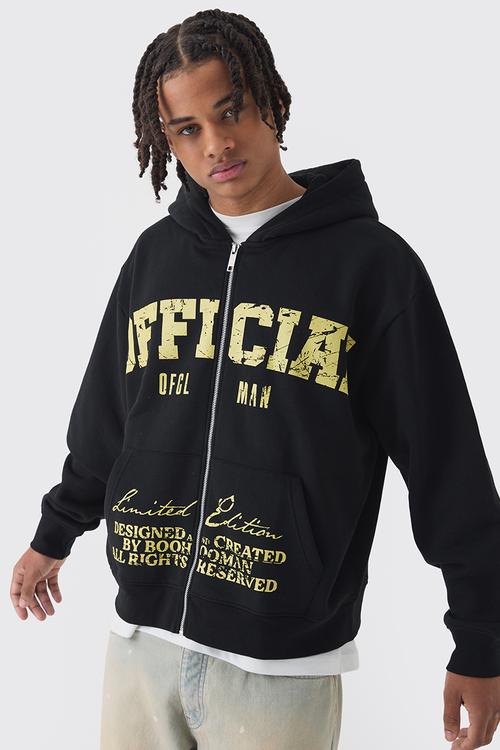 Oversized Boxy Offcl Print Zip Through Hoodie - Black