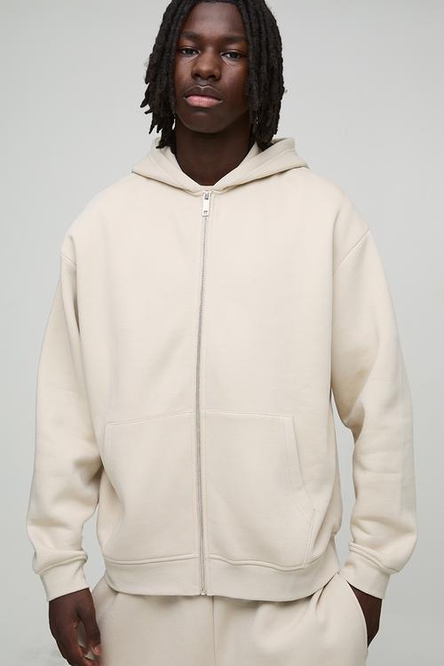 Oversized Basic Zip Through Hoodie - Stone