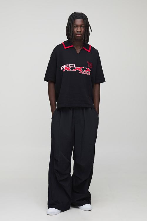 Oversized Boxy OFCL Knitted Football Polo - Black