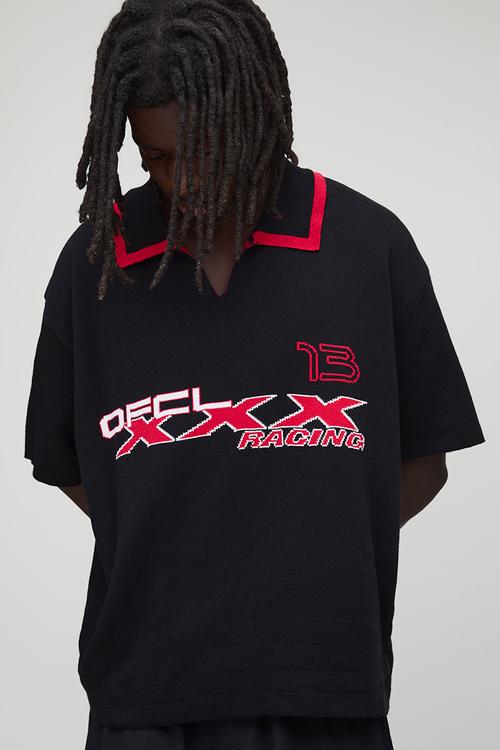 Oversized Boxy OFCL Knitted Football Polo - Black